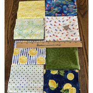 Quilt Craft Fabric 100% Cotton 8 Remnants Quail Lemons Polka Dots Fern Floral